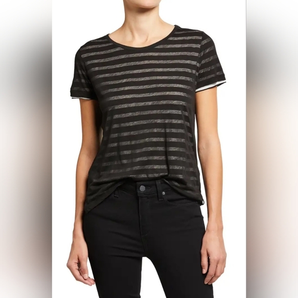 A.n.a women's striped short sleeve shirt black with silver stripes size large - Picture 5 of 5